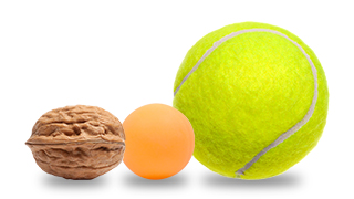walnut, ping pong ball, and tennis ball